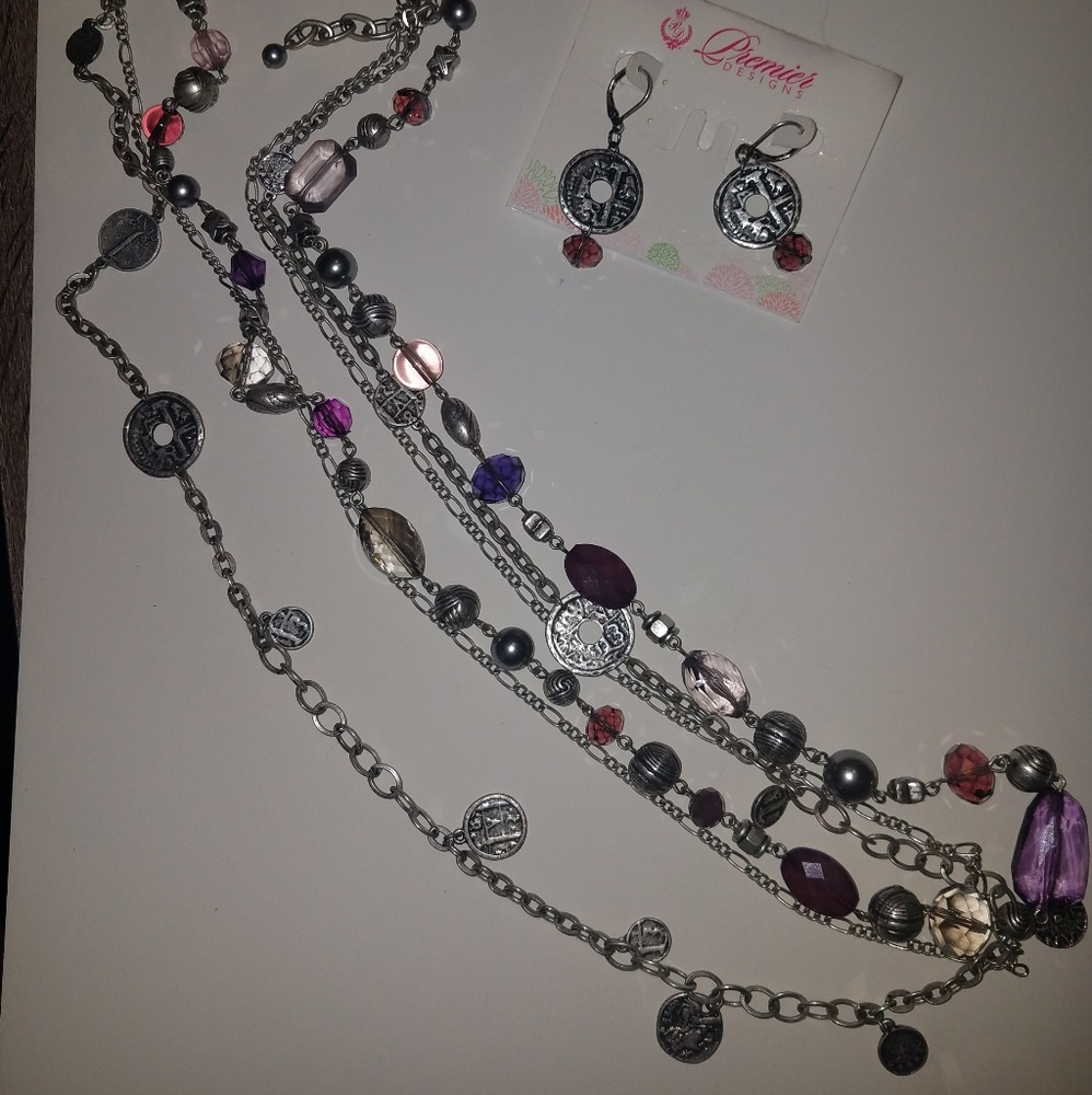 Purple and silver multi chain necklace and earring